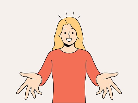 Smiling woman with arms open feel positive and optimistic meeting someone. Happy girl stretch hands welcoming newcomer or newbie. Vector illustration.