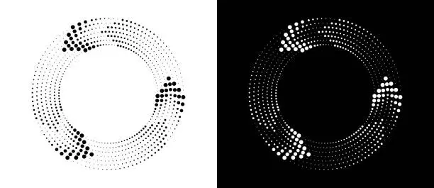 Vector illustration of Circle abstract background  with dynamic halftone dots like arrows. Black shape on a white background and the same white shape on the black side.