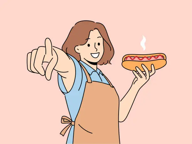 Vector illustration of Smiling woman hold hot dog point at screen