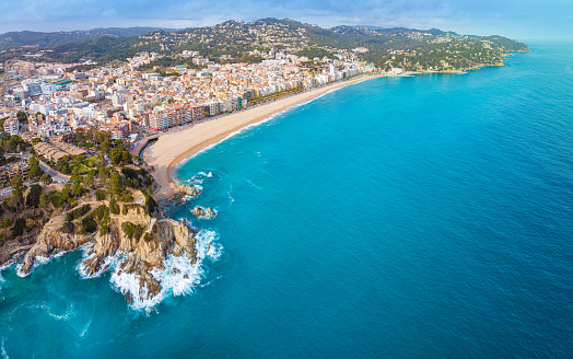 Lloret de Mar beach village aerial skyline in Girona Catalonia on Mediterranean sea of Spain. Costa Brava Coast