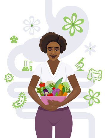Happy African American Woman with balanced gut flora and healthy bowel. Probiotics and prebiotics benefits. Intestinal flora gut health vector concept with bacteria and probiotics.