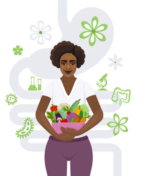 Vector illustration of Happy African American Woman holding a bowl full of fresh organic vegetables.