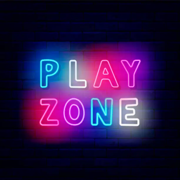 Vector illustration of Play zone neon signboard. Simple inscription. Glowing advertising. Game design. Vector stock illustration