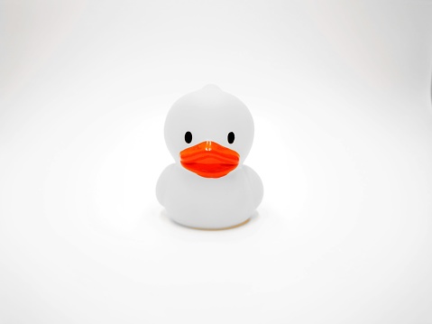 A rubber duck with an orange-colored beak on a white background
