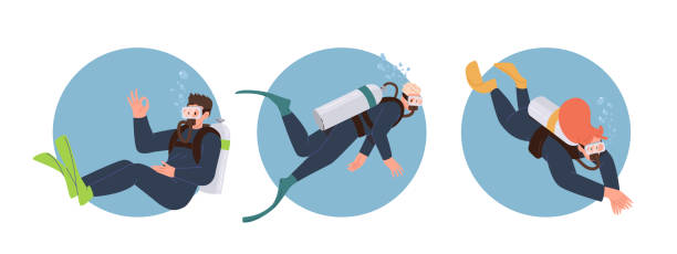 Round frame icons with happy male and female scuba diver swimming in wetsuit, mask and flippers Round frame icons with happy male and female scuba diver swimming in wetsuit, mask and flippers using aqualung equipment for breathing underwater. Active extreme water sport and hobby recreation person diving into water stock illustrations