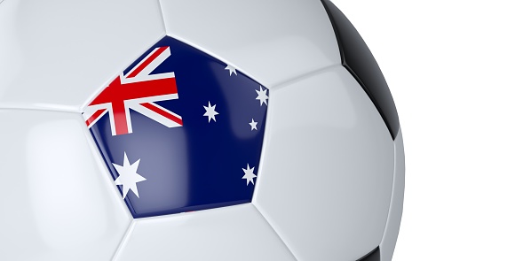 White soccer ball with the flag of Australia on a white background. Isolated. Close up. 3D illustration.