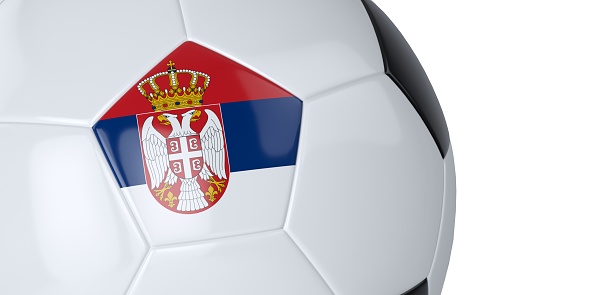 White soccer ball with the flag of Serbia on a white background. Isolated. Close up. 3D illustration.