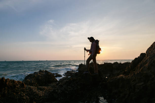 la donna dell'escursionista si erge sulla scogliera di roccia contro il tramonto a seaview, la silhouette del successo escursionistico in montagna - seaview foto e immagini stock