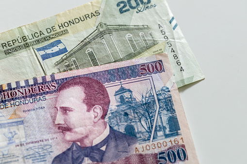 Honduras money, 200 and 500 lempiras banknotes, highest circulating denominations, financial concept, close up