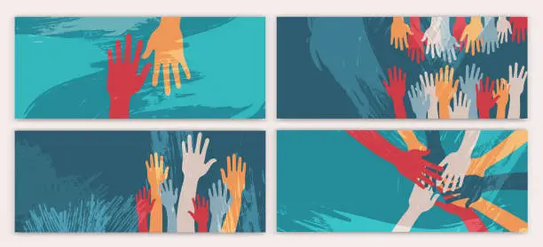 Vector illustration of Creative poster design with raised hands of volunteers. Recruitment volunteer. Volunteerism.NGO Aid. Non profit. Call for volunteers template.Background drawn with paint splash brushes