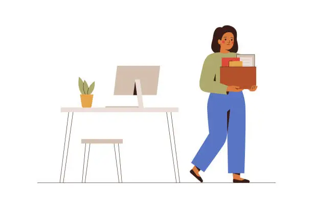 Vector illustration of Dismissed woman holds box and leaving her workplace. Quitting female employee going out from office with personal things.