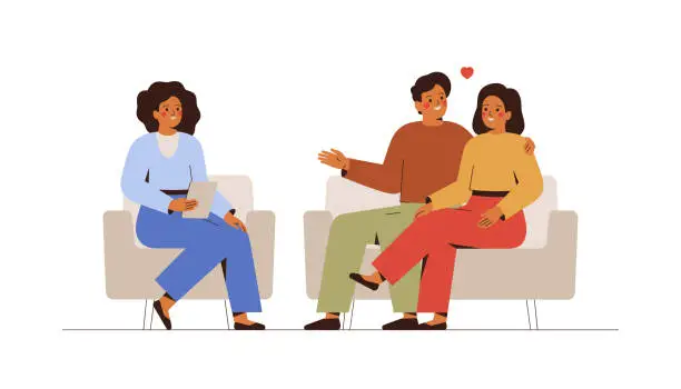 Vector illustration of Psychological therapy with young family in doctors office. Female psychotherapist has session with embracing couple and sees positive results.
