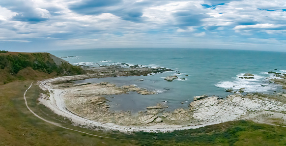 Spectacular coastal landscapes in Kaikoura on the east coast of the South Island of New Zealand. The rocky shores was created by an earthquake uplift in 2016