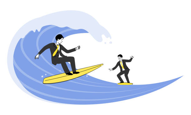 istock Two businessmen on a surfboard with a big wave, image illustration of riding a wave, vector 1484898390