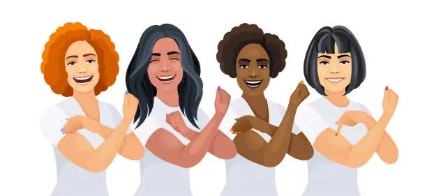 Vector illustration of Girl Power. Banner with Multi-ethnic group of beautiful women. Strong and Independent Women. Feminist Movement.