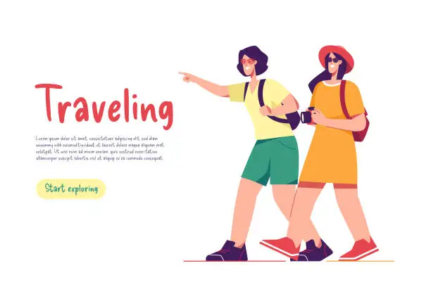 Vector illustration of Two walking women friends travelers with backpacks. Vector illusration
