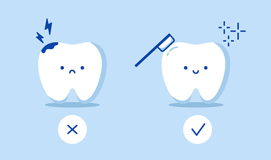 Snow-white Happy Tooth and Moody Tooth with caries Cartoon characters in flat design. Dental care concept. Healthy and diseased tooth with caries. Cute tooth characters in flat style
