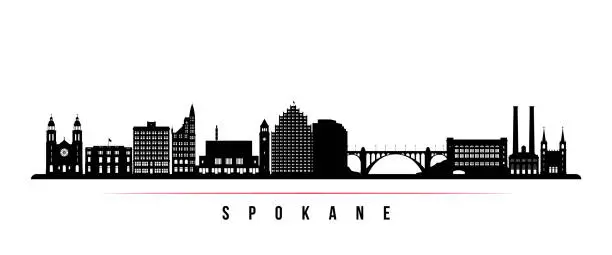 Vector illustration of Spokane, WA skyline horizontal banner. Black and white silhouette of Spokane city. Vector template for your design.