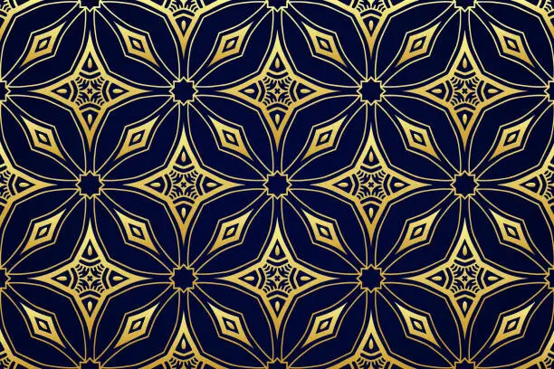 Vector illustration of Luxury blue background with islamic, persian, indian pattern, arabesque, arabic geometric golden texture. Ethnic oriental patterns, tribal artistic ornaments. Stained glass style.