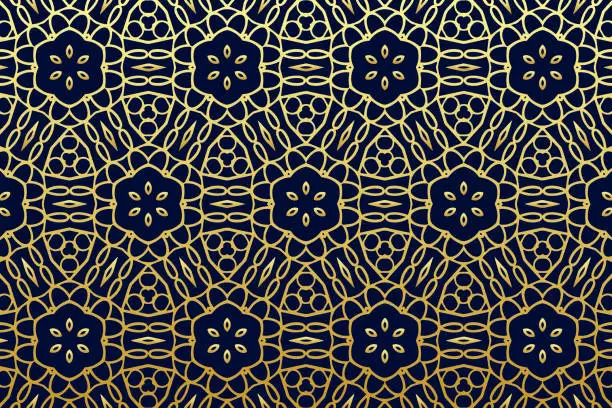 Vector illustration of Luxury blue background with islamic, persian, indian pattern, arabesque, arabic geometric golden texture. Ethnic oriental patterns, tribal openwork ornaments. Stained glass style.