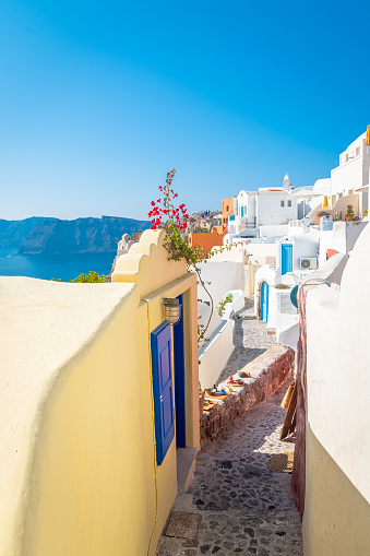 Panoramic view of the village of Oia in Santorini, view of the Caldera in the Cyclades, Greece.