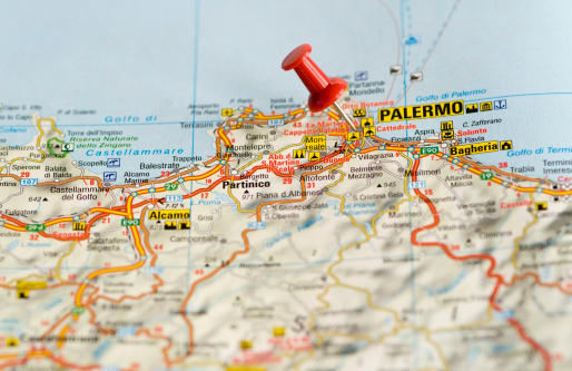 Pushpin in map, Palermo, Italy. Travel desitnation