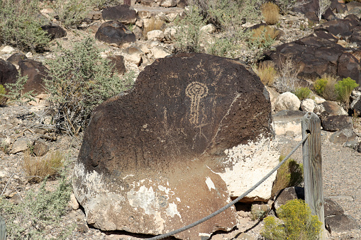 Closeup of a Pueblo Peoples carving on a volcanic basalt rock found in the West Mesa of Albuquerque New Mexico and the  Petroglyph National Monument Park