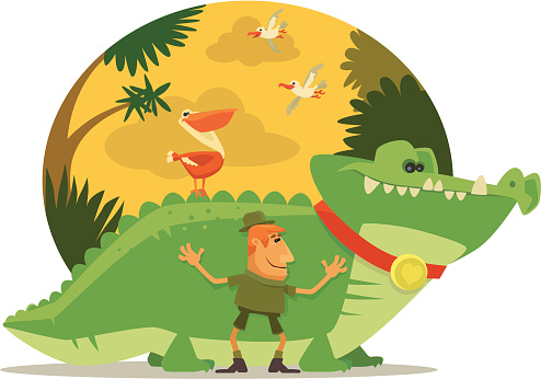 vector illustration of happy man hugging big crocodile….