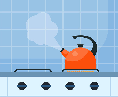 Modern gas stove and kettle on it on flame. Home kitchen stove. Preparing food, cooking. Vector illustration in flat style