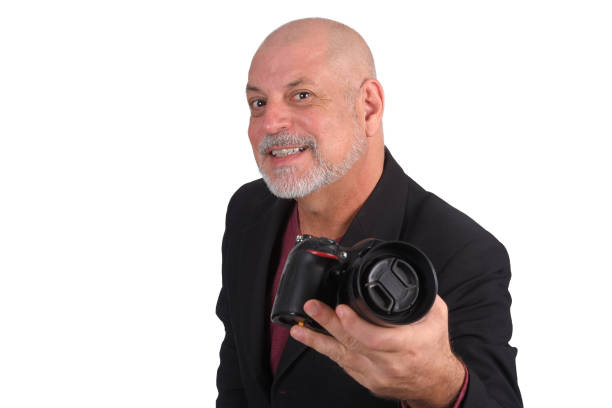adult man bald beard elegant white with winter cold sweater with camera