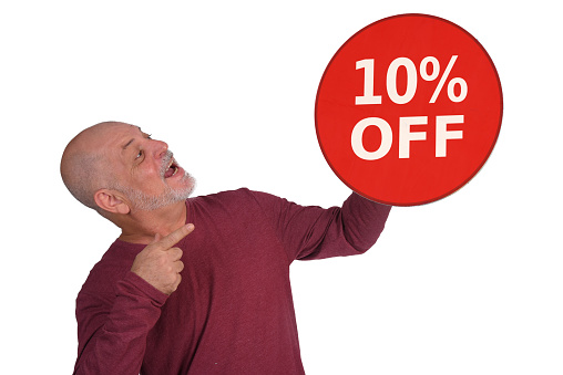 bald adult man holding 10% discount sign, store promotion