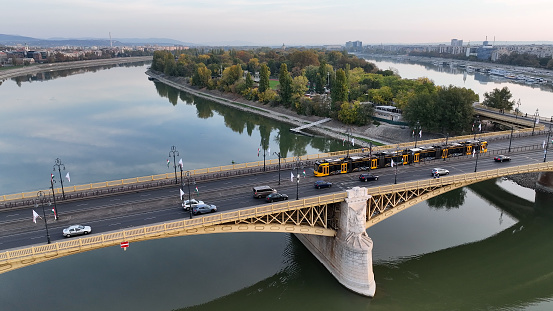 Aerial view of Budapest Margaret Bridge or Margit híd over River Danube, embankment.