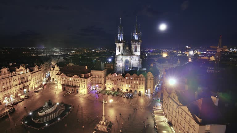 Prague. Church. Aerial View. Moon.