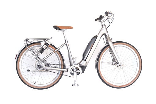 A bicycle, depicting its handlebars, frame and wheels on a white background