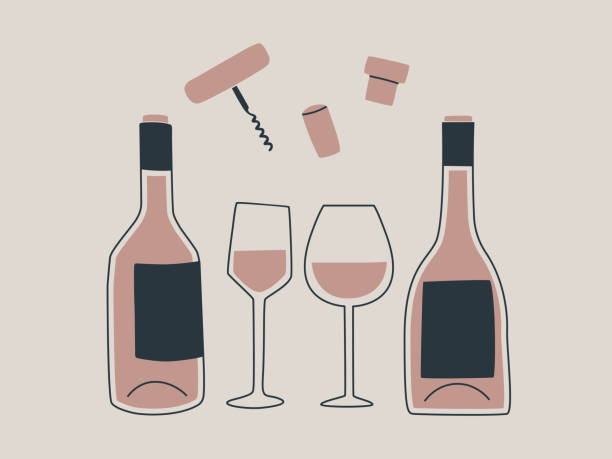 illustrazioni stock, clip art, cartoni animati e icone di tendenza di due bottiglie di vino e due bicchieri e altri accessori per il vino - un cavatappi e tappi. illustrazione di tendenza isolata dal vettore - bottiglia di vino immagine