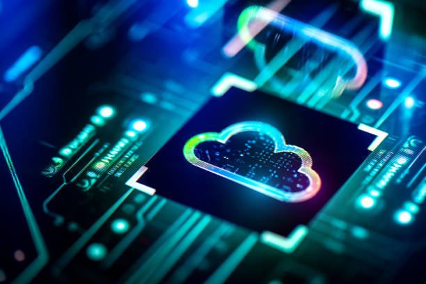 Cloud computing concept. Digital cloud solutions on PCB futuristic background stock photo