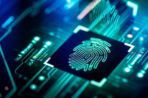 Fingerprint authentication concept. Digital fingerprint biometrics solutions on PCB futuristic background