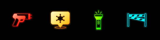 istock Set Police electric shocker, Hexagram sheriff, Flashlight and Crime scene icon. Vector 1484913072