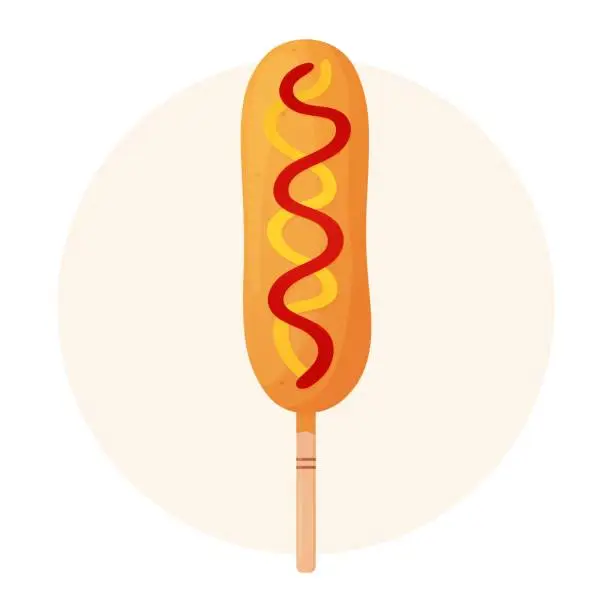 Vector illustration of Corn dog with ketchup and mustard. Sausage in dough on a stick. American or Korean street food. Fastfood concept. Detailed flat illustration.