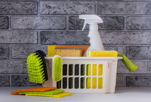 istock Basket with various cleaning supplies and detergents 1484917189