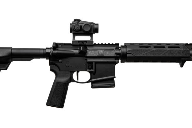 istock Modern automatic rifle isolated on white background. Weapons for police, special forces and the army. A carbine with red dot sight and silencer on a white background. 1484918141