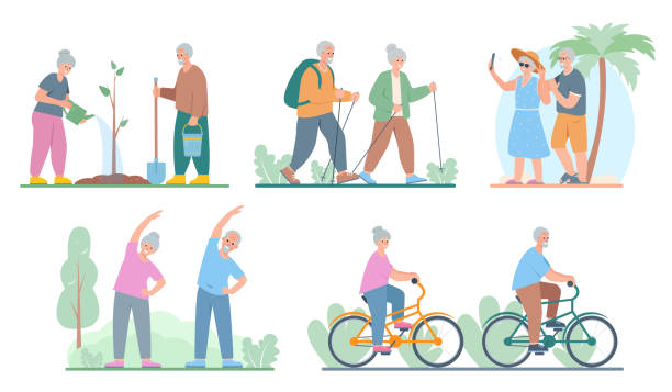 ilustrações, clipart, desenhos animados e ícones de pessoas idosas estilo de vida saudável ativo e hobbies definidos. homens e mulheres idosos caminhando, jardinando, andando de bicicleta, viajando e fazendo exercícios. - senior adult couple mature adult bicycle