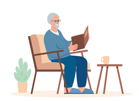 Senior man reading Book in armchair. Smiling reader character with book. Hobby or retired lifestile flat or cartoon vector illustration.