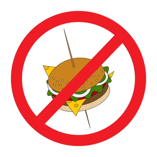 Vector illustration of Colorful American hamburger under the prohibition sign. Unhealthy eating. Fast food. Healthy food day