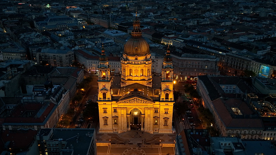 Aerial view of Budapest city skyline and St. Stephen’s Basilica at night, Hungary