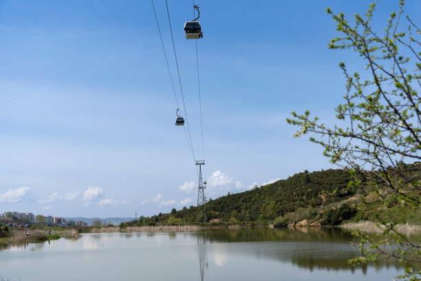 Lake Linze, cable car passing over the lake, with reflection