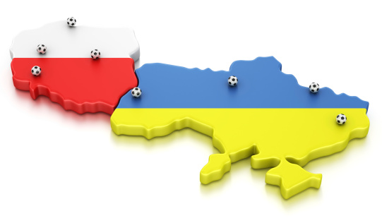 3d rendering of Poland and Ukraine, the hosts of Euro 2012. Locations of the stadiums marked out with small balls