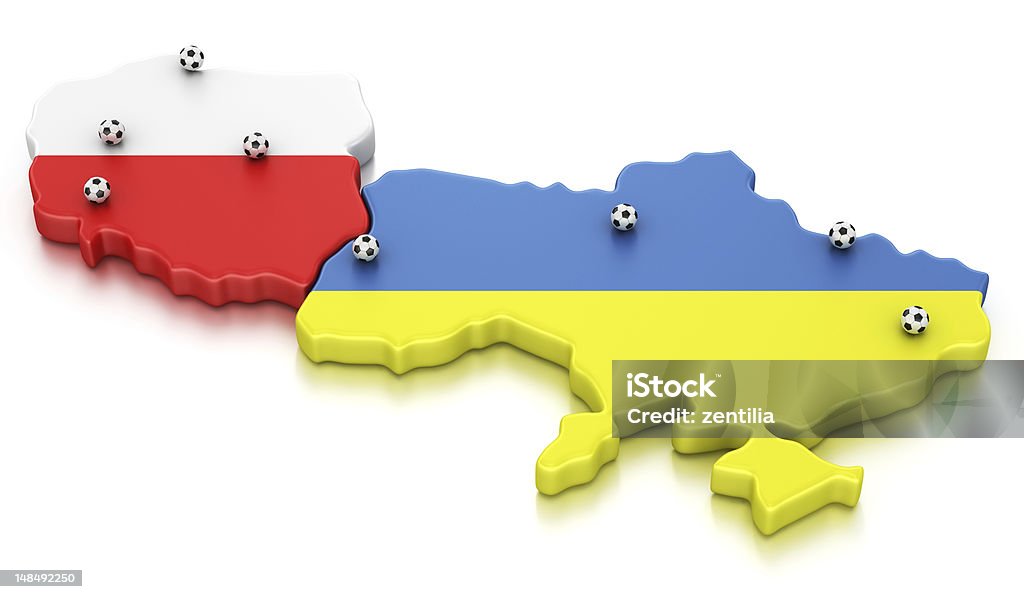 Euro 2012 3d rendering of Poland and Ukraine, the hosts of Euro 2012. Locations of the stadiums marked out with small balls Map Stock Photo