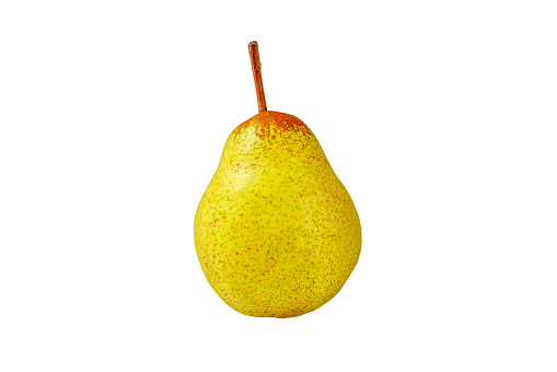 Pear Rocha whole fruit isolated on white. Yellow green spotted pear.