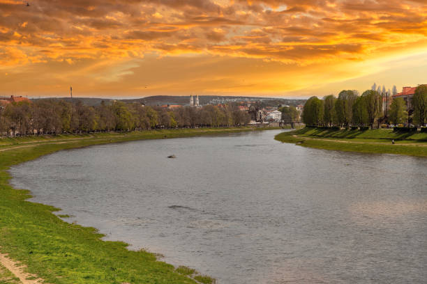 Dramatic sunset lamdscape over Uzh River in Uzhhorod, Ukraine.